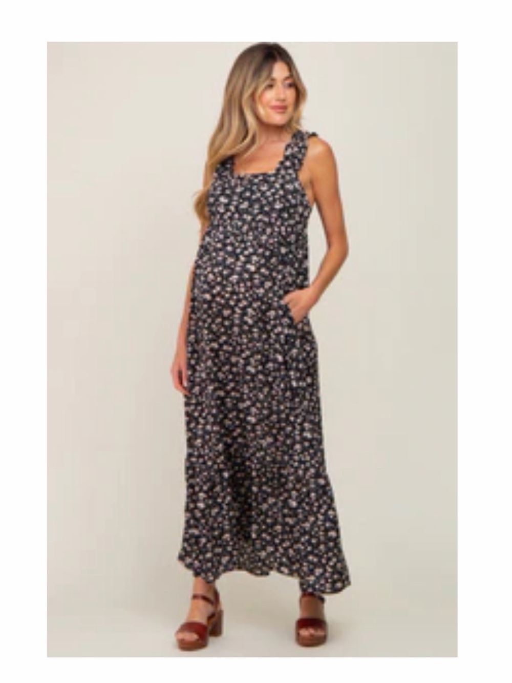 Floral Ruffle Trim Maternity Maxi Dress - Black
